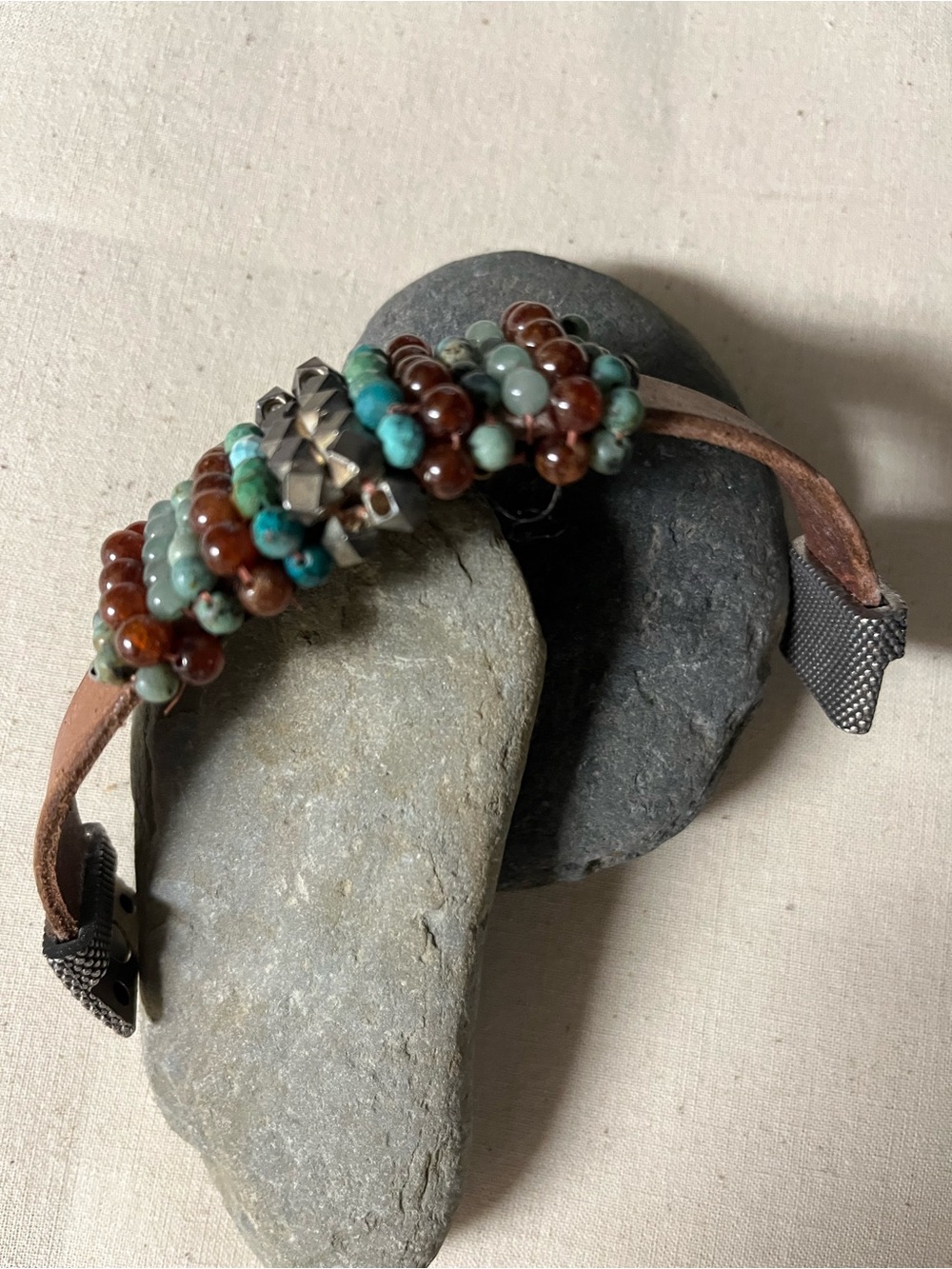 Beaded Leather cuff bracelet w/brass, gemstones and glass beads. Magnetic closur